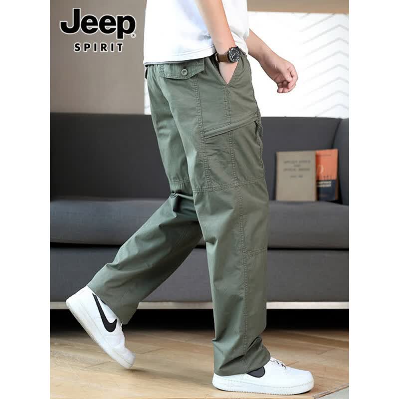 JEEP SPIRIT男士休闲裤新款冲锋运动直筒长裤男春夏季薄款纯棉工装阔腿裤子男 011军绿 XL 推荐【121-140斤】