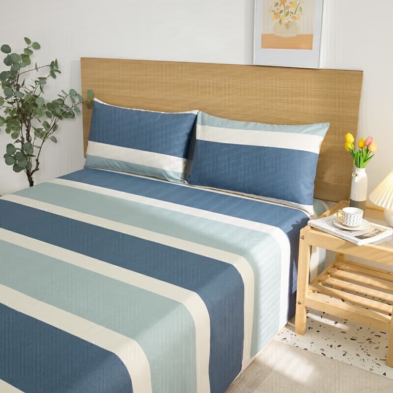 软贝原棉老粗布床单简约格子床单床上用品可水洗老粗布床单 欢乐 120*230cm床单+枕套一只