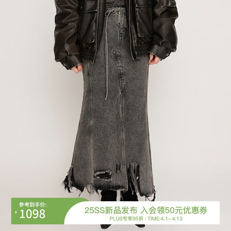 moussy&sly新品不規(guī)則破洞毛邊魚(yú)尾牛仔裙半身裙030HAZ11-5731 黑色020 S 00001/S