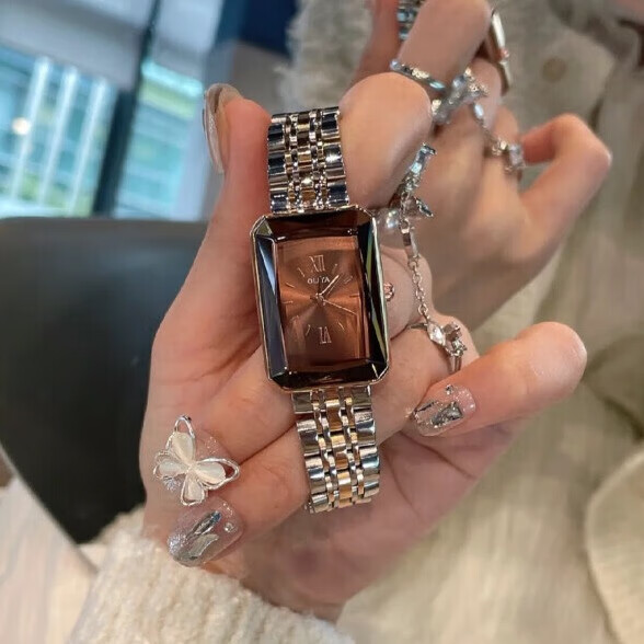 欧莉娅法式轻奢焦糖色机械风钢带手表女高级感职场百搭气质石英小众精致 焦糖色-高档礼盒装