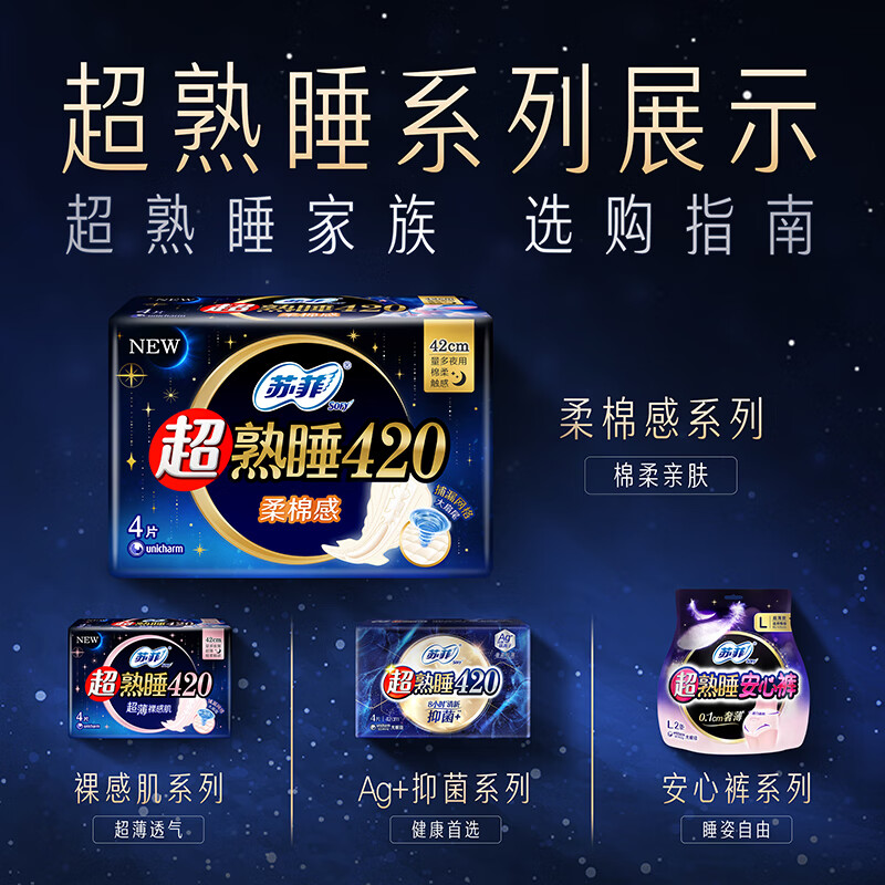 苏菲卫生巾夜用 超熟睡柔棉感 420mm姨妈巾组合 420mm16片【厚款12片+薄款4片】