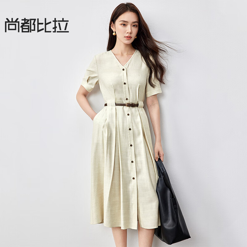 尚都比拉輕職場A字連衣裙女春秋收腰顯瘦中長裙高腰短袖裙子 原麻色  XL 