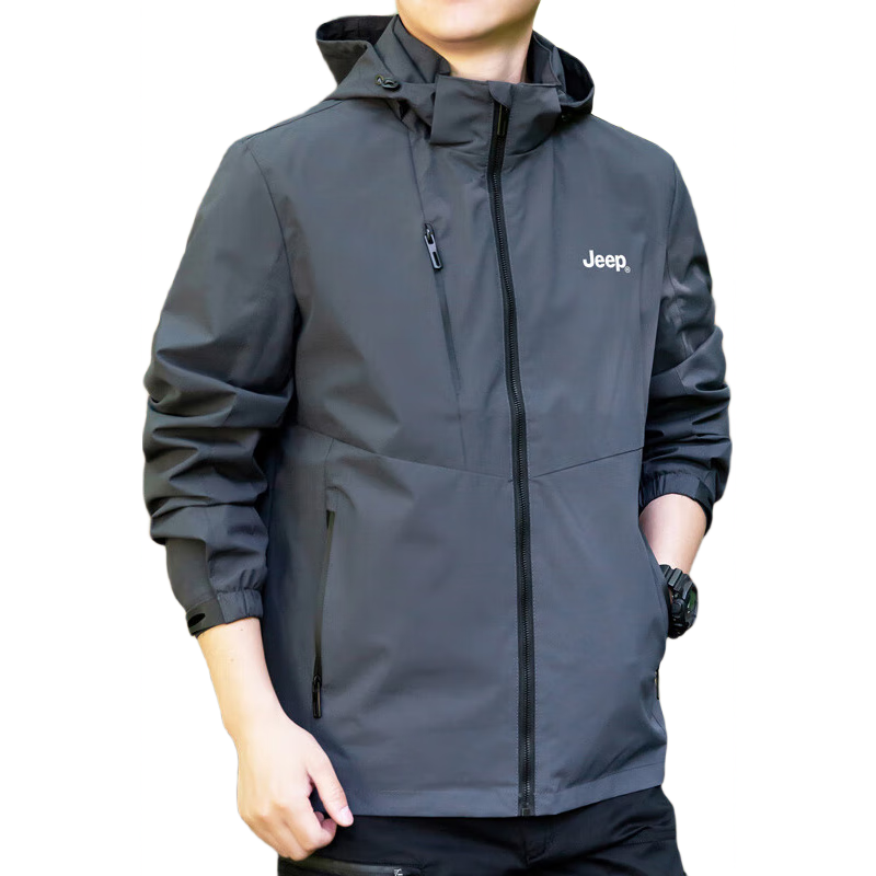 JEEP吉普夹克男士外套春秋季休闲连帽宽松冲锋衣服男装 灰色 XL