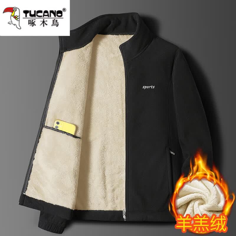 啄木鸟秋冬季款羊羔绒外套男士装抓绒衣开衫摇粒绒夹克加绒加厚保暖衣服 加绒款黑色 M