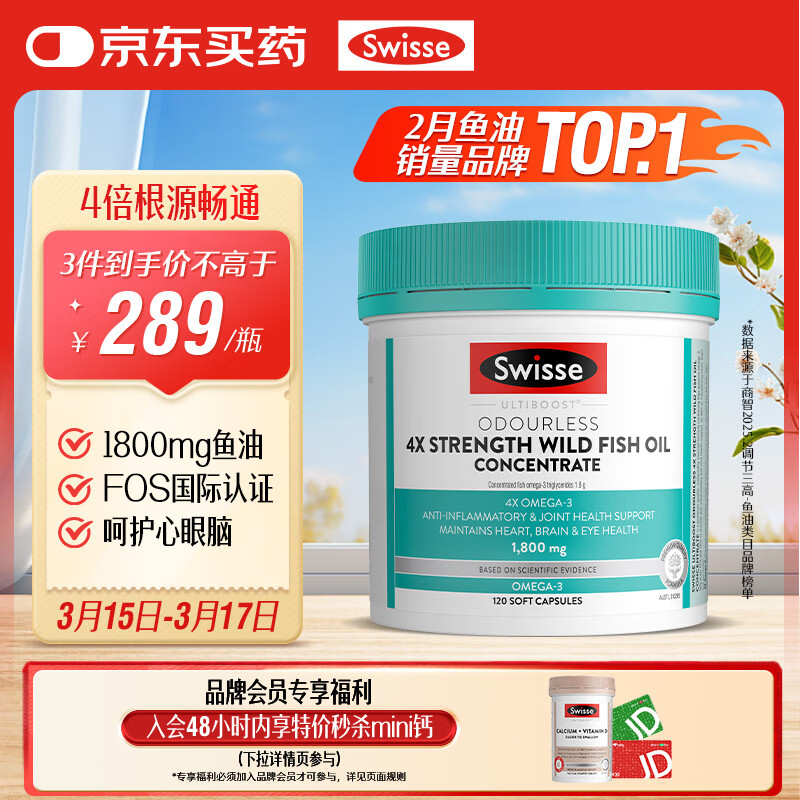 Swisse斯維詩 4倍高濃度深海魚油膠囊1800mg omega3 DHA+EPA rTG型120粒