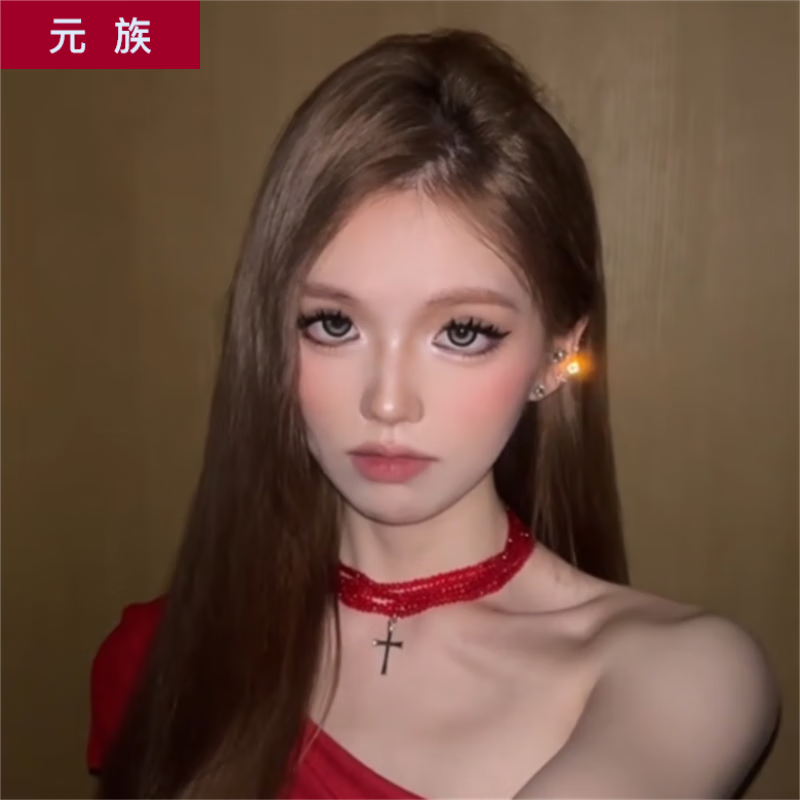 元族朋克红色十字架多层叠戴项链女复古暗黑亚文化辣妹锁骨链 红色十字架项链