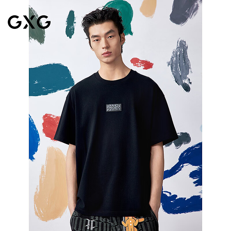 GXG男装[商场同款]圆领T恤联名款简约短袖针织25夏新品G25X442122 黑色 2XL