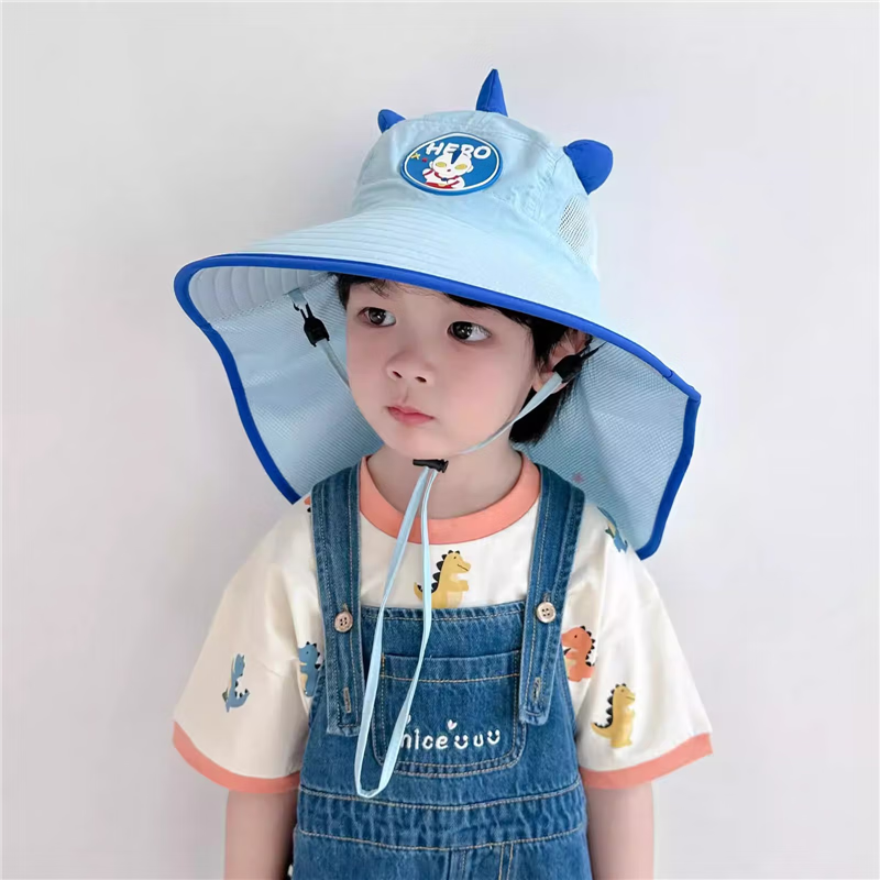 mlgt kids儿童帽子男孩防晒帽2025夏季新款遮阳帽男童防晒披肩帽 浅蓝色