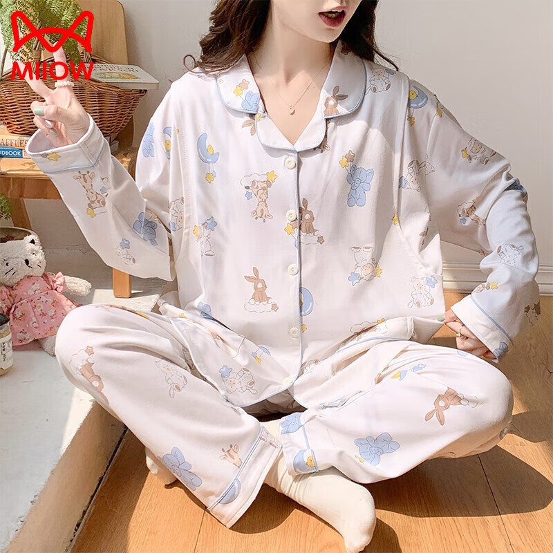 貓人（MiiOW）紗布月子服夏薄款純棉產(chǎn)后5678910月份產(chǎn)婦哺乳孕婦睡衣春秋大碼 純棉81A67氣球兔 M