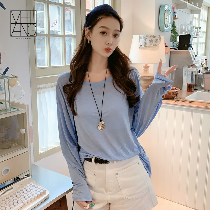 美洋（MEIYANG）透透长袖T 流动哲学醋酸蚕丝休闲圆领宽松上衣时尚气质休闲T恤女 蓝色 M