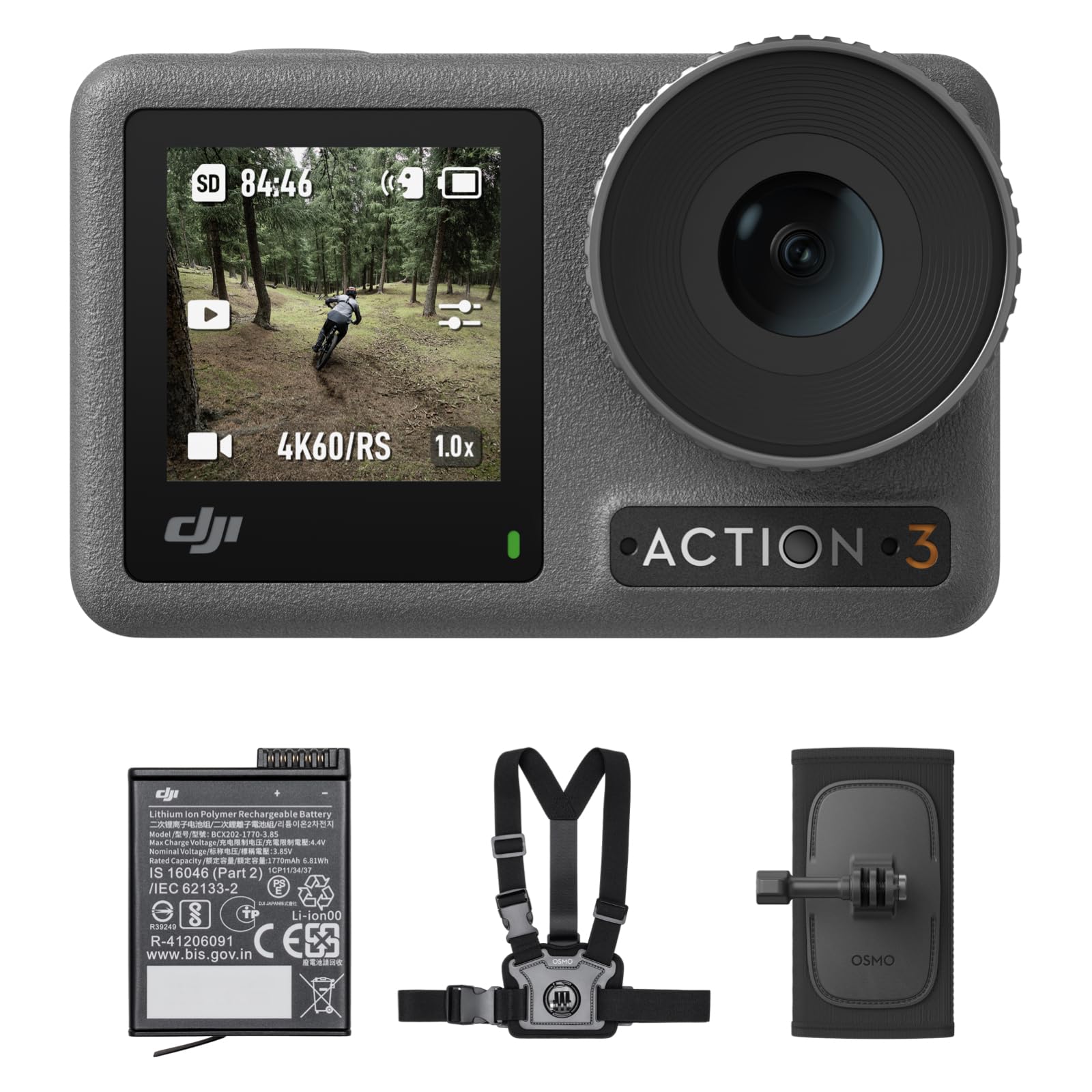 DJI Osmo Action 3 户外组合 运动相机 4K 带胸带和背包带支架