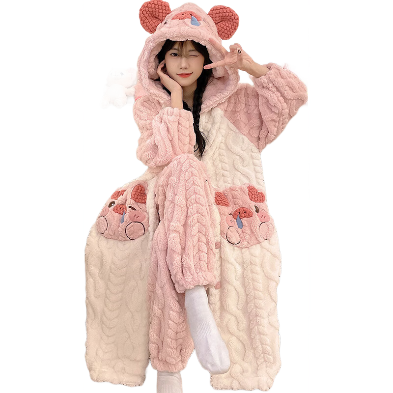 俞兆林珊瑚絨睡袍女睡衣秋冬季保暖褲子可愛粉豬甜美少女家居服兩件套裝