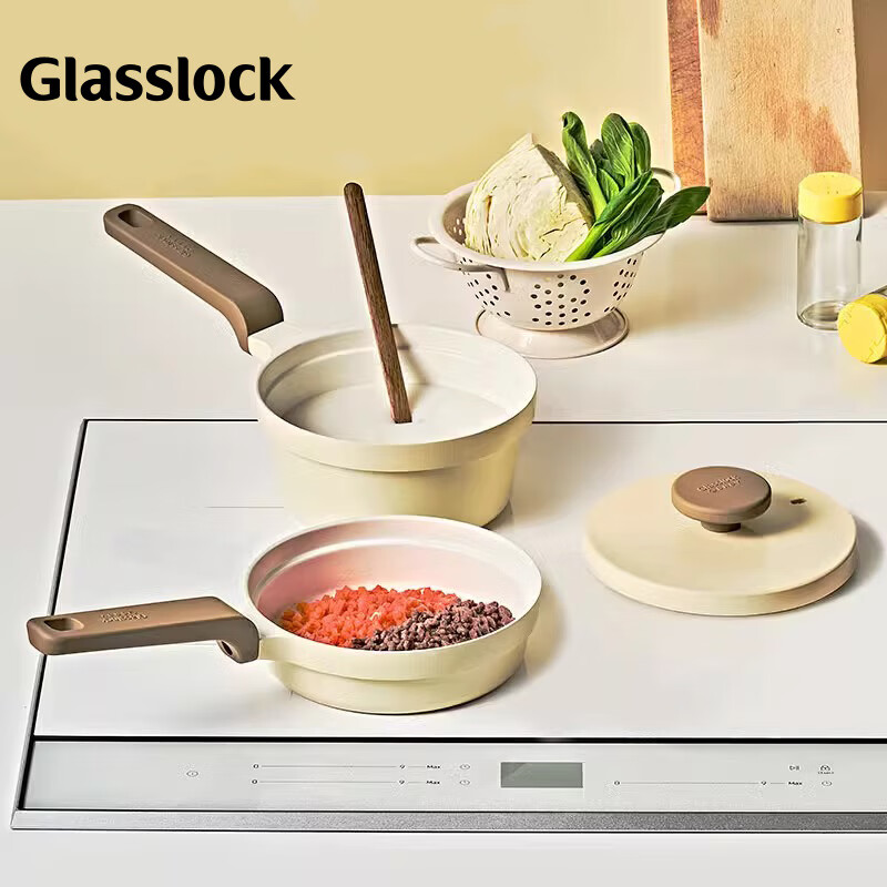 GLASSLOCK婴儿宝宝辅食小煮锅不粘锅多功能煎煮一体煮粥泡面奶锅平底锅 升级款 薄荷色2件套 16cm
