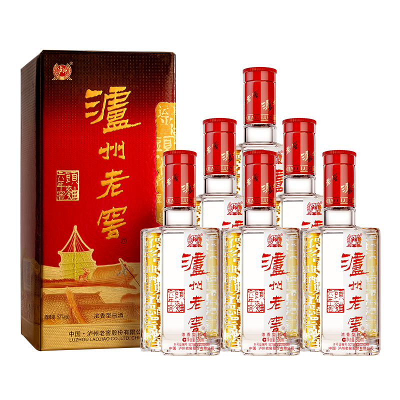 泸州老窖（LUZHOULAOJIAO）六年窖头曲 浓香型白酒 52度 500mL 8瓶 非原箱配4个礼袋