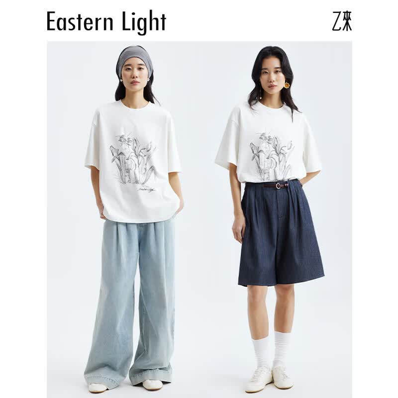 乙来（EASTERN LIGHT）2026夏季新款手绘鸢尾印花短袖T恤女装上衣显瘦潮流可外穿气质 纯净白 S