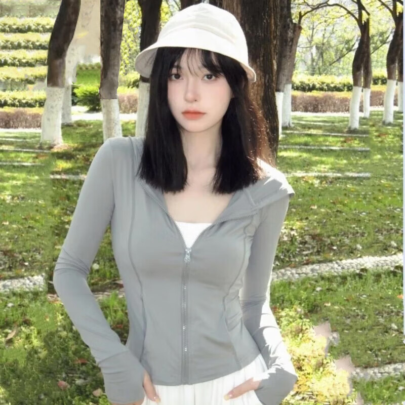 有只绵冰丝骑行遮阳衣打底衣女长袖夏季薄款透气披肩上 灰色-连帽款 L (95-110)