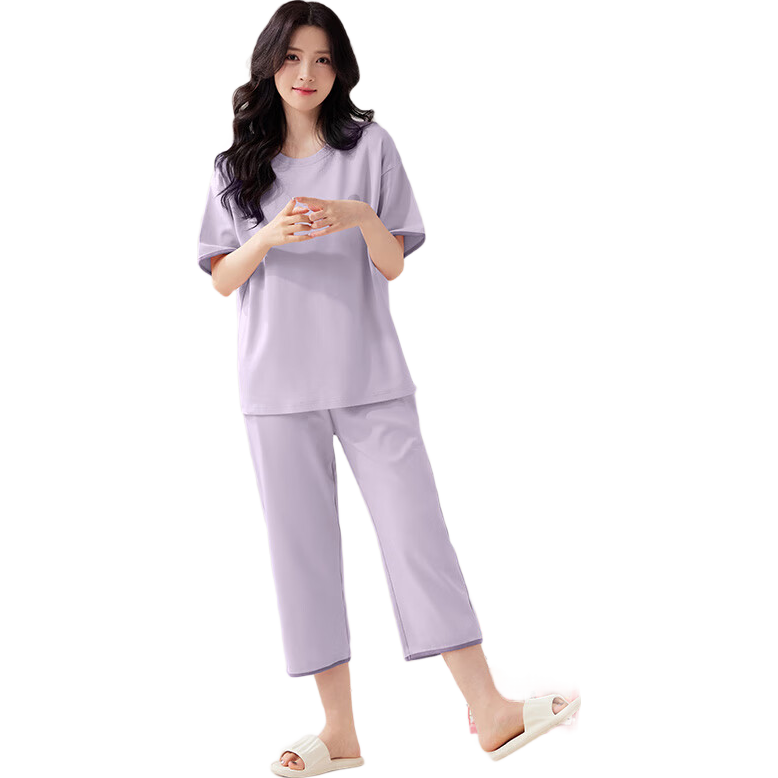 欧迪芬100%纯棉春夏女士睡衣女短袖可外穿套头家居服套装紫L