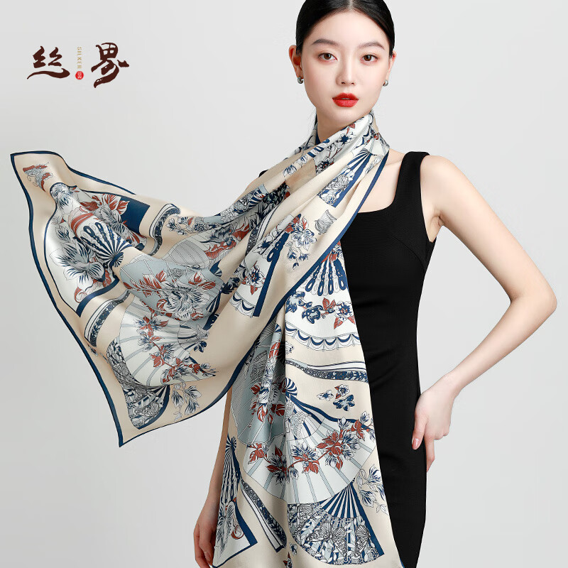 絲界100%桑蠶絲高級(jí)長(zhǎng)巾絲綢禮品圍巾披肩兩用印花真絲絲巾女節(jié)日禮物