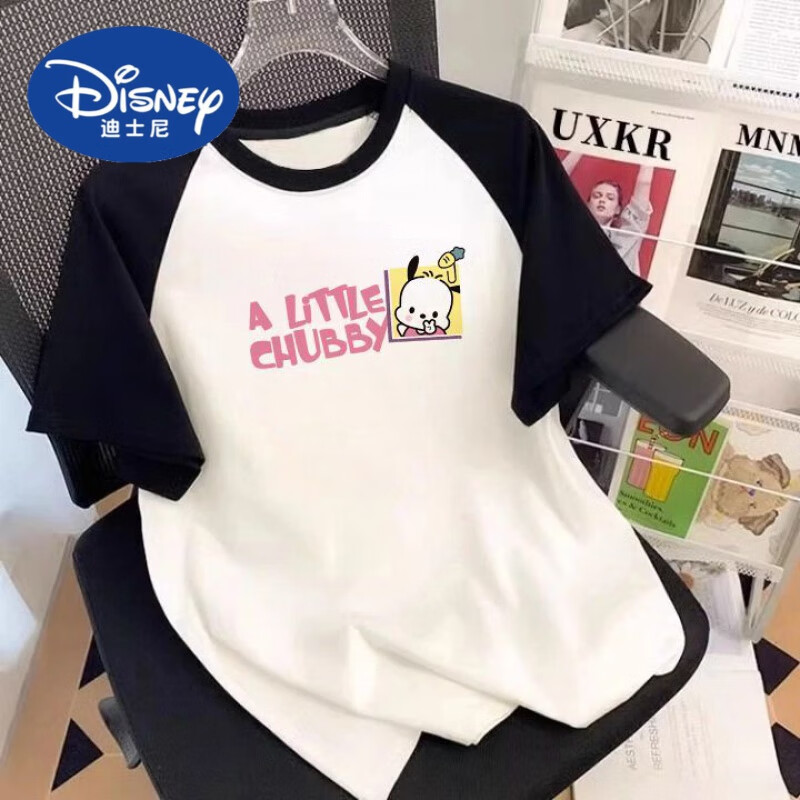 迪士尼（Disney）帕恰狗卡通插肩冰絲短袖t恤女童夏季新款中大童百搭寬松半袖上衣t 白拼黑(A LITTLE狗頭) 150 cm
