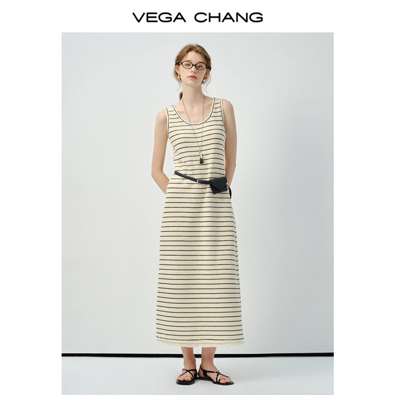 VEGA CHANG时尚套装女2025新款夏通勤休闲薄款莱赛尔衬衫女 杏黑条(连衣裙) L
