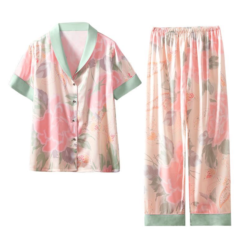 浪莎生日禮物送媽媽粉色印花冰絲睡衣女夏季短袖長褲家居服套裝禮盒