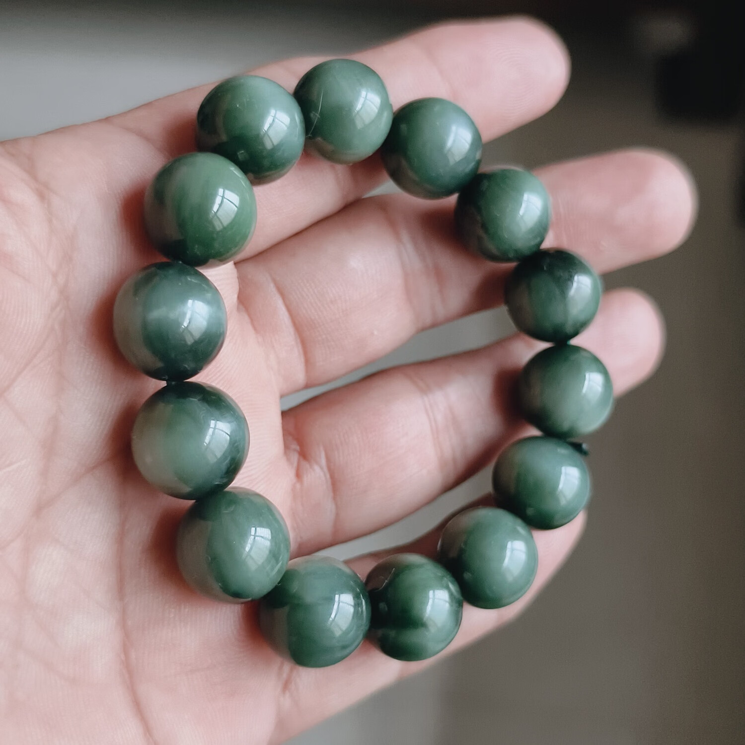 和田玉俄罗斯碧玉黑猫眼手串直径>14mm.散猫精品手串