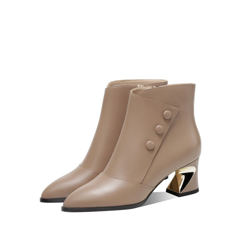 加绒百搭粗跟踝靴时尚真软皮中年女士时尚靴子高端品牌女靴 藕杏色