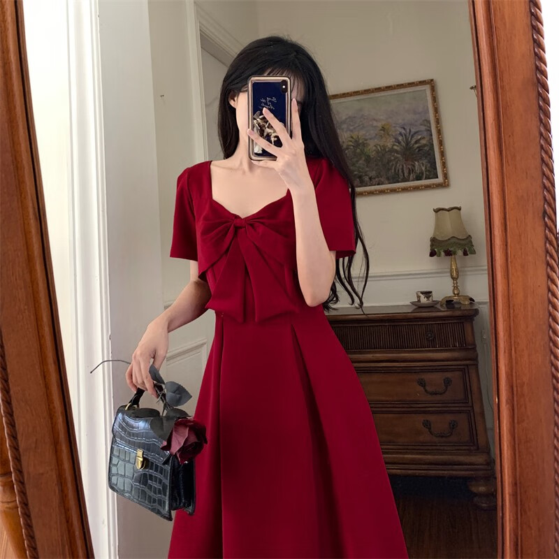 獨(dú)孤伽羅回門服新娘平時可穿夏季大碼女裝法式復(fù)古小紅裙禮服裙紅色連衣裙 紅色 S 均碼