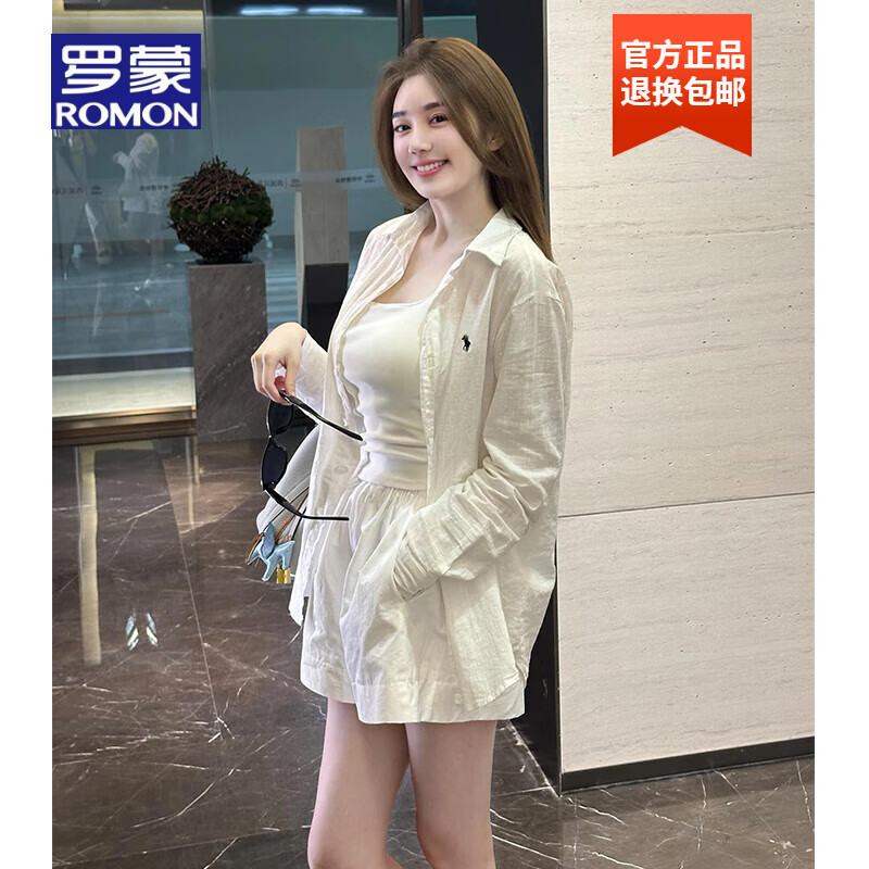 罗蒙品牌运动套装女夏季2025新款高端长袖防晒衬衫短裤时尚衬衣短裤两 白色衬衣+白色短裤 S
