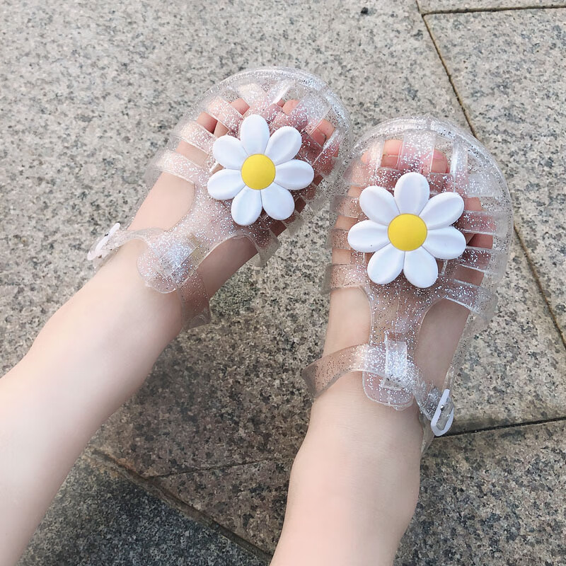 饰雯夏天凉鞋新款女孩中小儿童洞鞋包头果冻水晶宝宝罗马凉拖鞋 白色 24