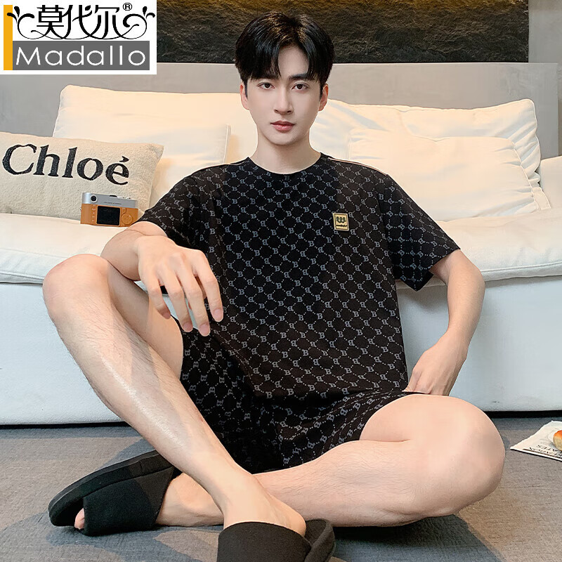 莫代爾男士睡衣夏季純棉薄款圓領(lǐng)短袖青少年休閑男款短褲大碼家居服套裝 CM25387曠夜黑 M (165) 建議穿著體重100-120斤