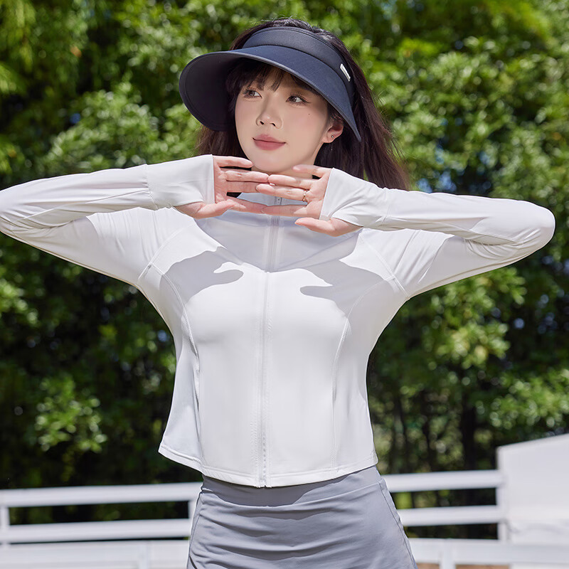 蕉下森林修身防晒衣女外套防紫外线夏掐腰透气立领连帽瑜伽运动防晒服短款 白色 M
