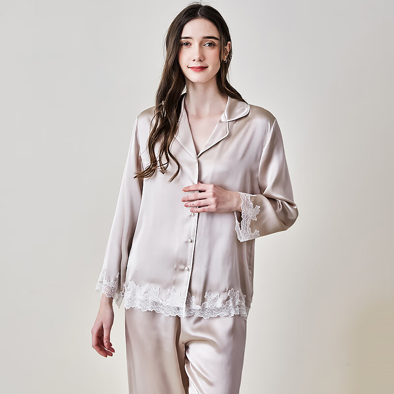 江南故事真丝睡衣女100%桑蚕丝可外穿减龄长袖睡衣套装送女友老婆礼物 香槟色【高档礼盒】 M
