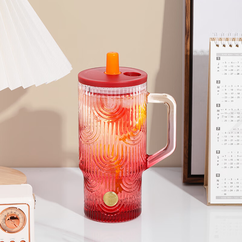 乐唯诗网红超大容量把手吸管玻璃杯子冰霸杯高颜值家用办公室巨无霸水杯 冰霸吸管杯【樱桃红】 620ml 1只