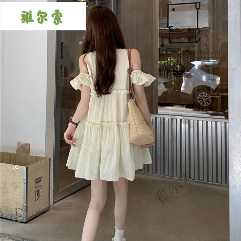 雅尔索孕妇装法式超仙中长款露肩裙子2025夏季遮肚辣妈外出不显怀连衣裙 HYX#868  米白色 S  建议80-95斤