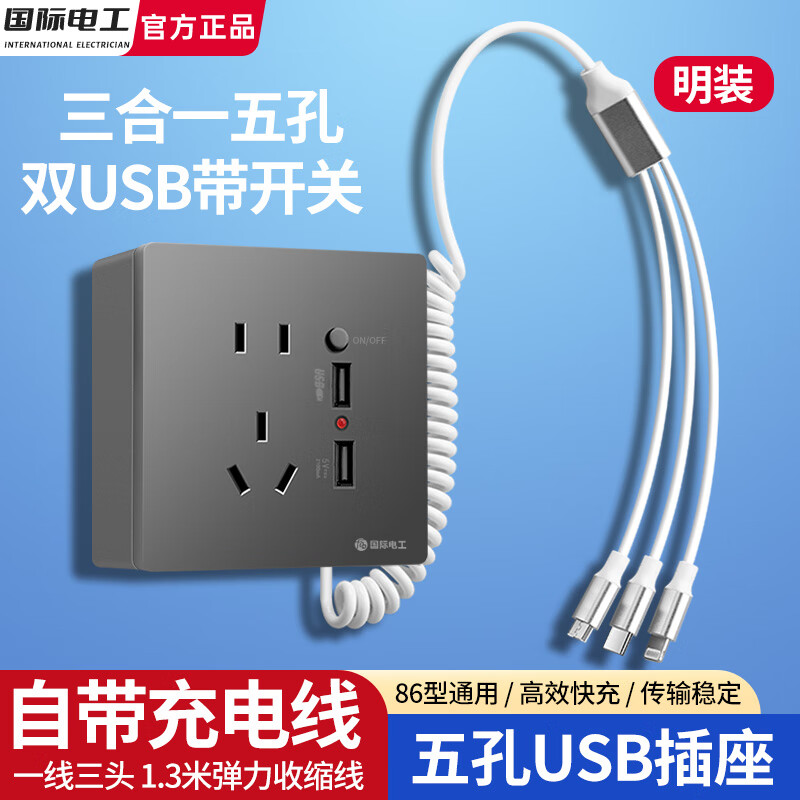 ���ʵ繤��װ���USB��������3��1�ֻ��������ݵ������þƵ����ktv ���˫USB�����ء���װ����ɫ