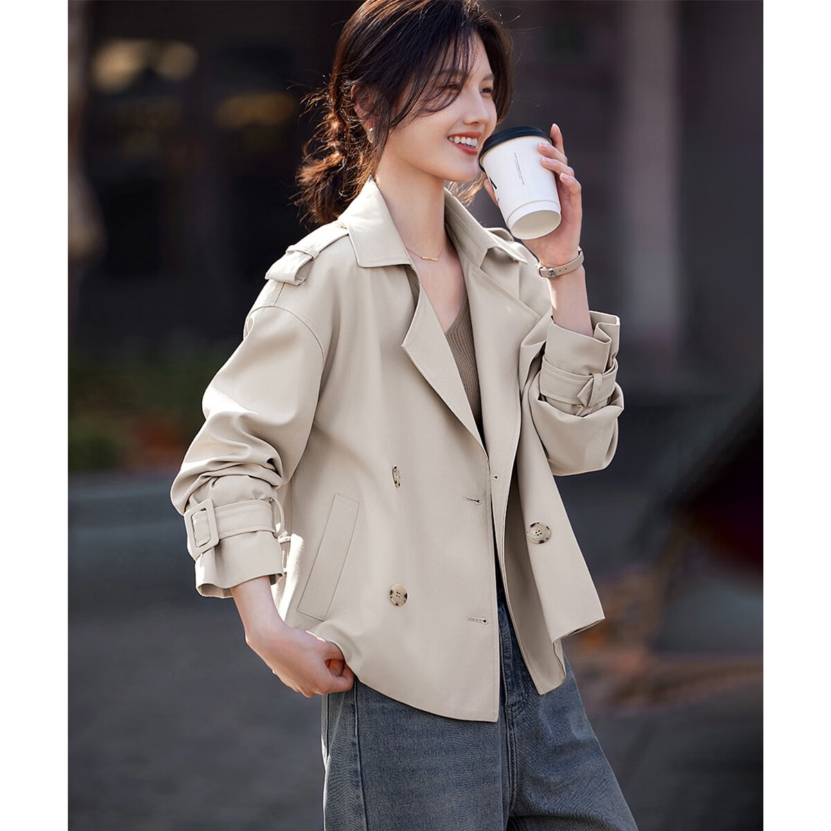 未时尚通勤短款风衣外套女2024秋季新款休闲简约设计感上衣 浅卡其色