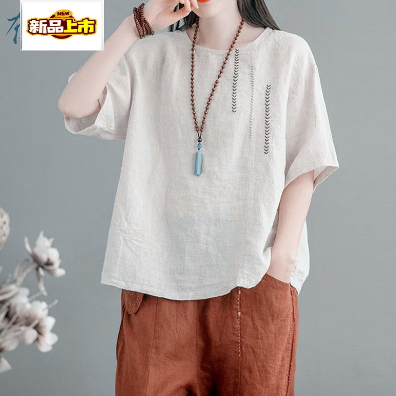 初径夏季棉麻短袖女士刺绣宽松显瘦百搭圆领复古透气亚麻套头T恤上衣 原麻色 M 【80-100斤】