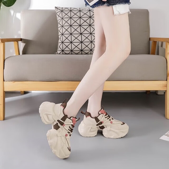 森馬女鞋秋季厚底老爹鞋女2025新款透气网面休闲鞋百搭增高运动鞋女 w574杏咖 37 (235mm)