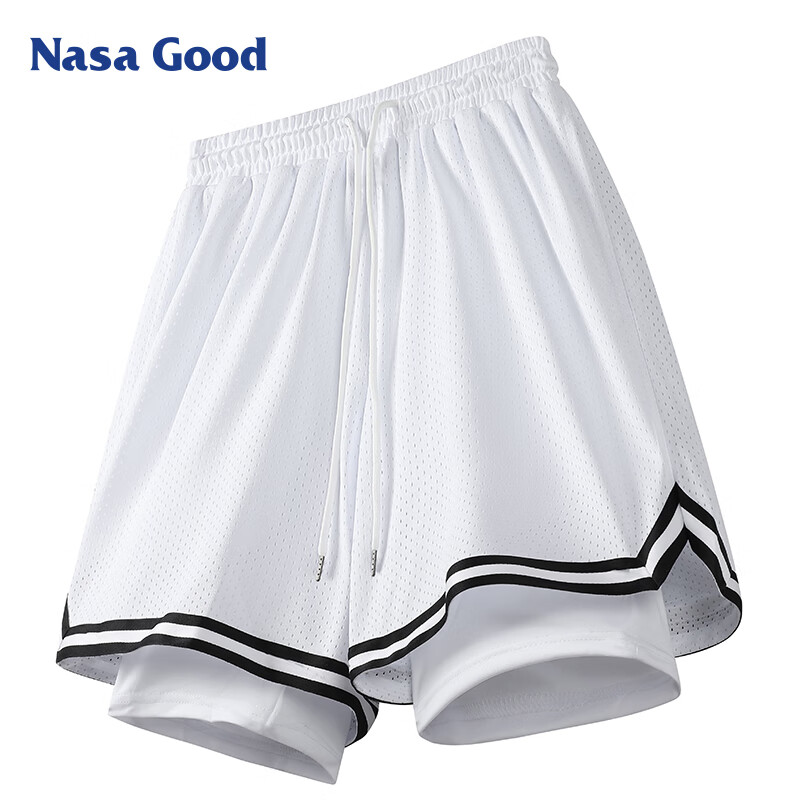 NASA GOOD假两件运动短裤男夏季潮流休闲五分篮球条纹网眼沙滩中裤 白XL