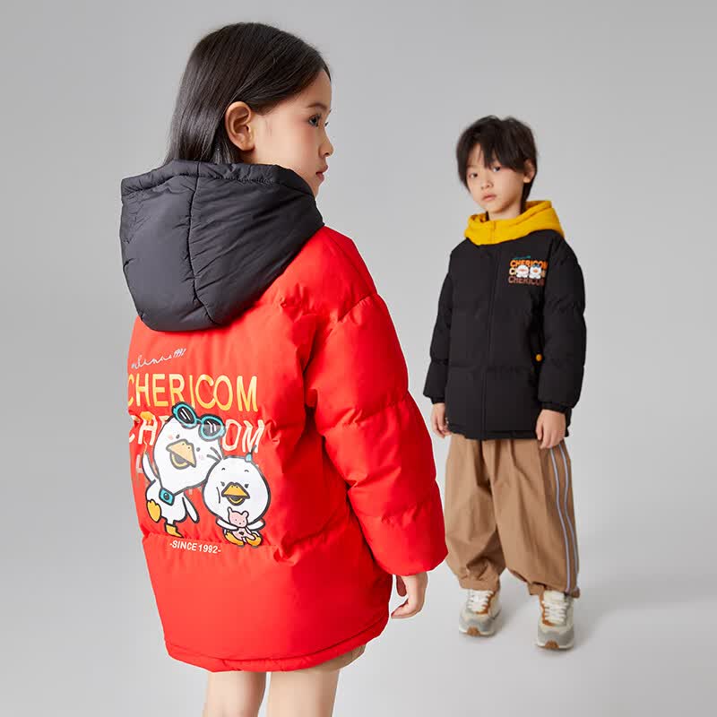 千仞岗秋冬季儿童羽绒服男女童保暖防寒服卡通设计冬装百搭休闲外套反季 活力红 110 cm