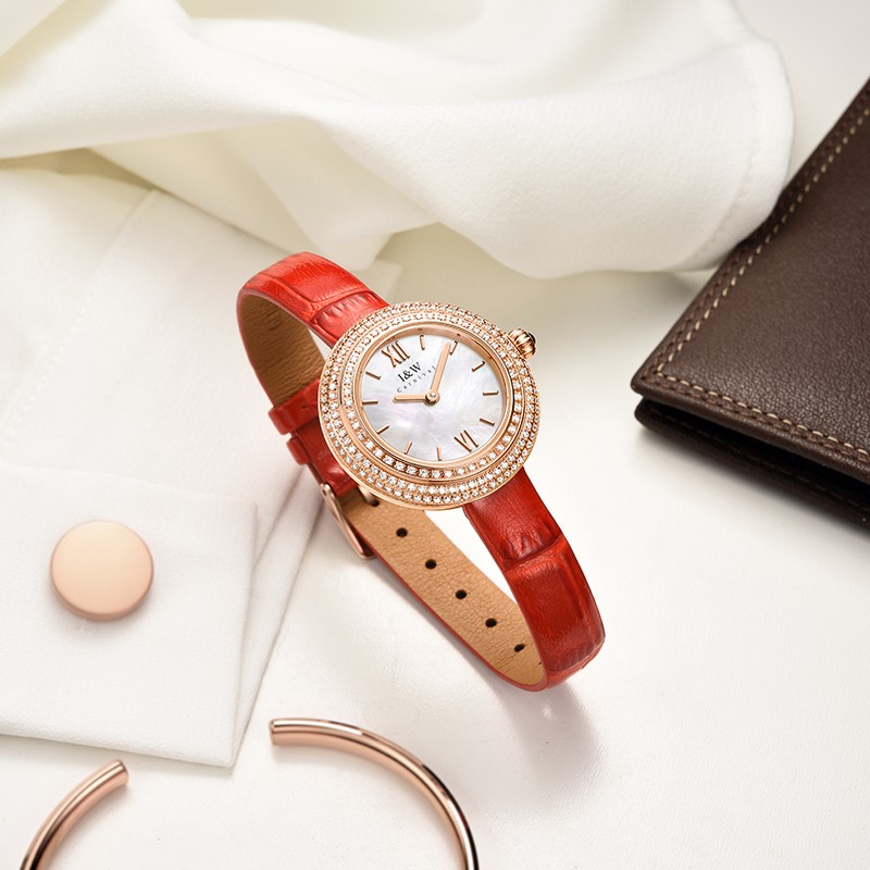 爱沃驰瑞士达芬奇系列璀璨星空轻奢石英手表女士表七夕生日礼物送女友 玫壳白盘|红皮带