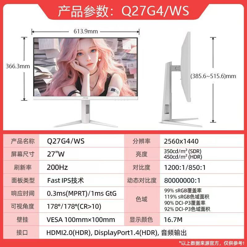 AOC【30.9万人回购该品牌】 Q27G4WS27英寸2K 200HZ白色电竞高刷游戏 新款白色电竞2K 原生200HZ Q27G4/WS搭配DP高清线