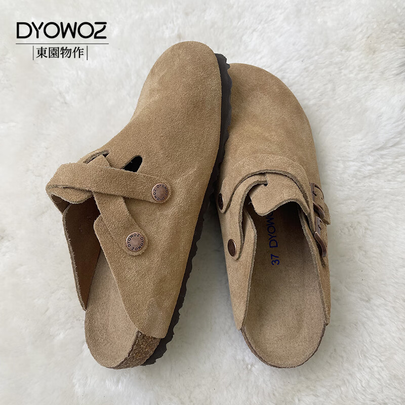 东园物作新款真皮软木包头拖鞋勃肯鞋女款交叉卡扣半包休闲百搭防滑外穿 姜黄色 35 正码