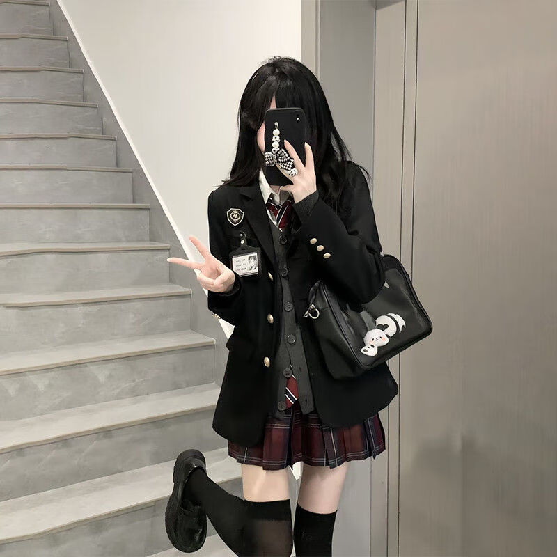 COMIC SOUL原创jk制服套装女秋冬款正版学院风校供格裙子针织开衫叠穿一整套 四件套深灰开衫+衬衫+玄红裙+红领带 S