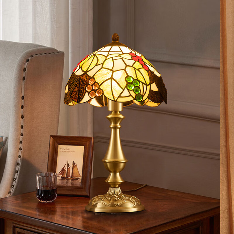 冠雅美式全铜台灯复古奢华装饰床头灯高端客厅书房别墅酒店卧室欧式灯 黄铜+磨砂玻璃灯罩 配8瓦三档亮度灯泡