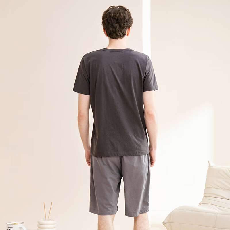 芬腾睡衣男【100%纯棉】夏季薄款圆领可外穿新品家居服套装高级感 复古灰-男款7 L