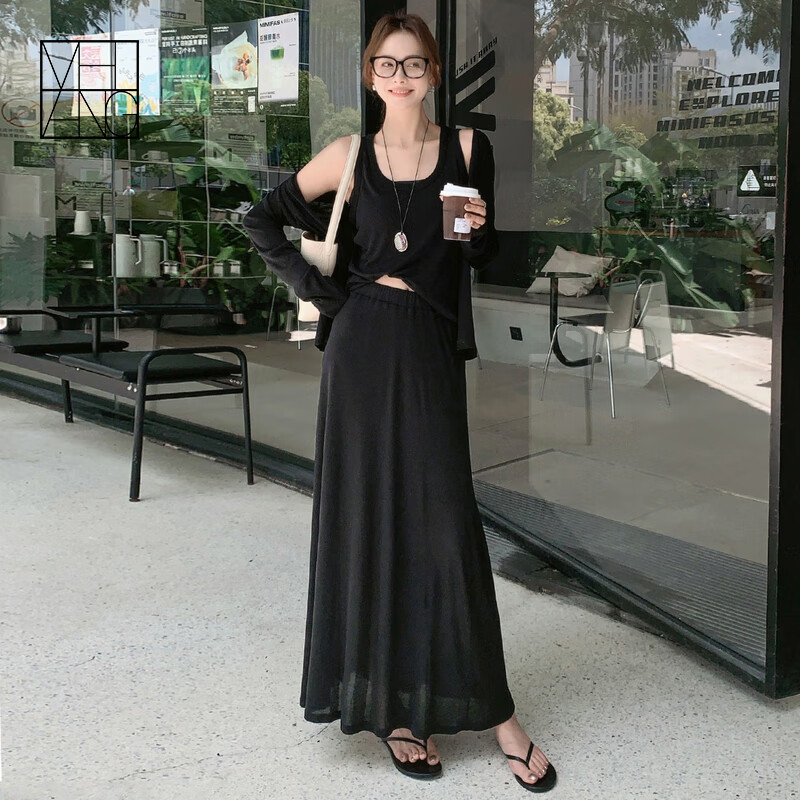 美洋（MEIYANG）解压套装 流动哲学 真丝莱赛尔背心/开衫/半裙 黑色常规版 L