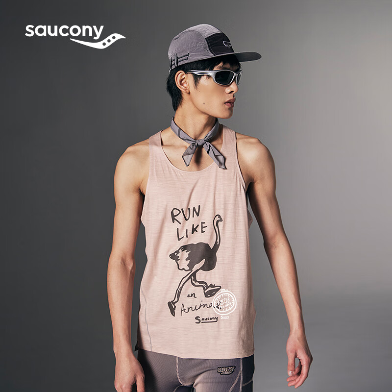Saucony索康尼NATHAN BELL艺术家联名系列鸵鸟图案单层Y字背心男夏季 樱影灰GR209 XL