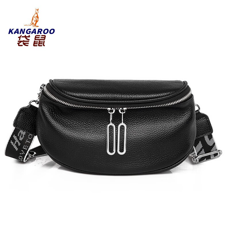 袋鼠(KANGAROO)包包女牛皮2025年新款时尚斜挎包女胸包潮流大容量马鞍包真皮女包 黑色